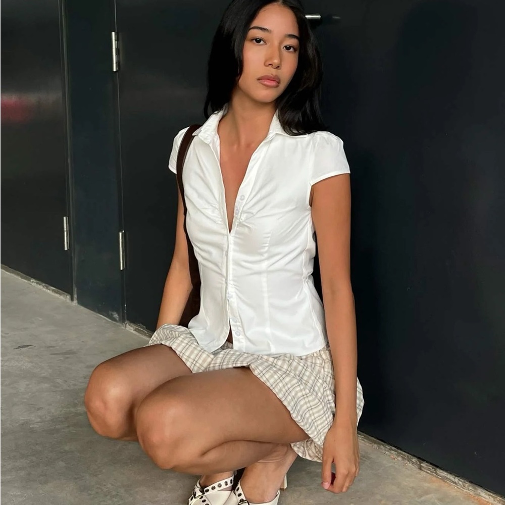 Princess Polly White Fitted Cap Sleeve Button-Up Blouse